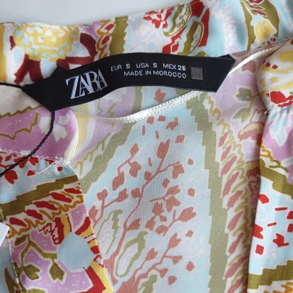 ZARA Floral Paisley Satin Kaftan Tunic Dress  Pink & Gold Women Small  Boho  NWT - Picture 9 of 14